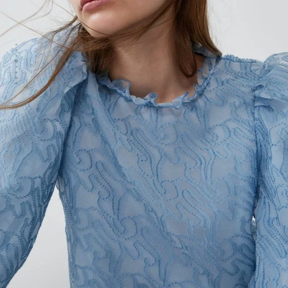 NWT Zara Blue Puff Sleeve Top Blouse Medium - Picture 5 of 9